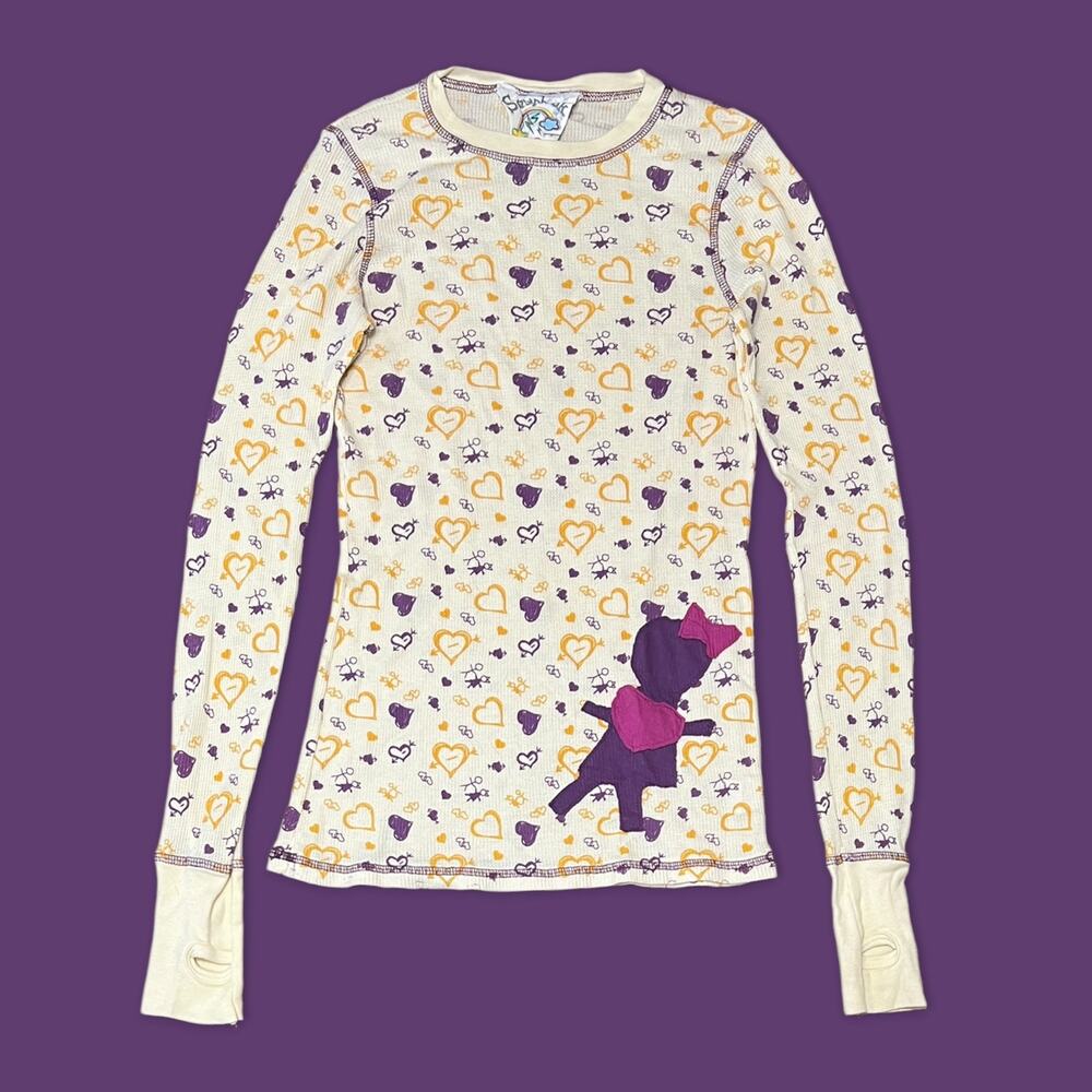 Vintage Y2K Emo Scrapbook Heart Doodles Long Sleeve Thermal Shirt - Size Small